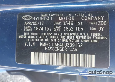 2017 Hyundai Accent Se/Sport z USA, uszkodzony, nr VIN KMHCT5AE4HU339162